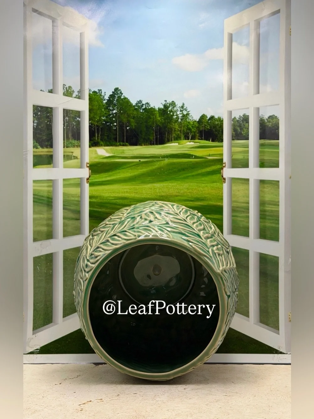 Green Leaf Ceramic Planter 7x7, Textured Fern Leaf Flower Pot with Drainage Hole